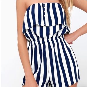 Blue and White Striped Strapless Romper